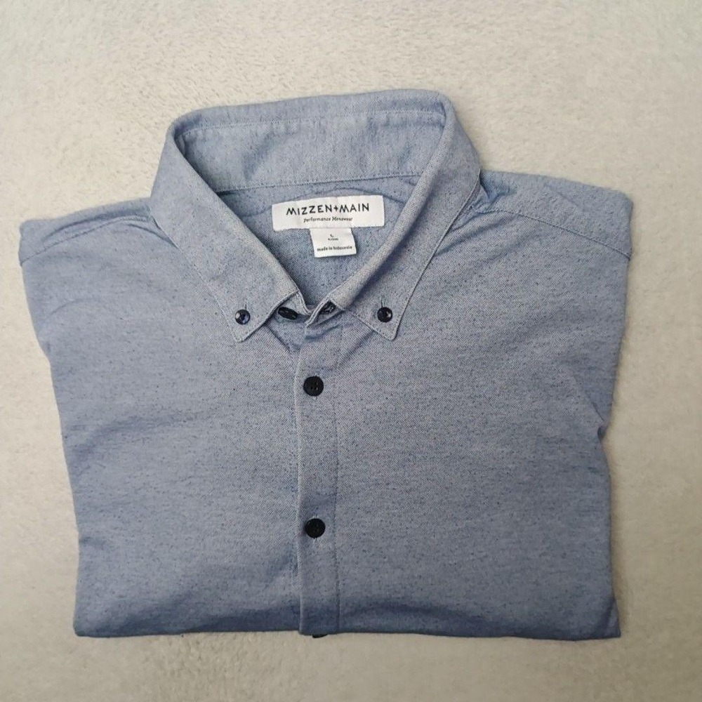 Mizzen+Main Shirt Mens L Blue Button-Up Slim Trim Knit Button-Down Performance